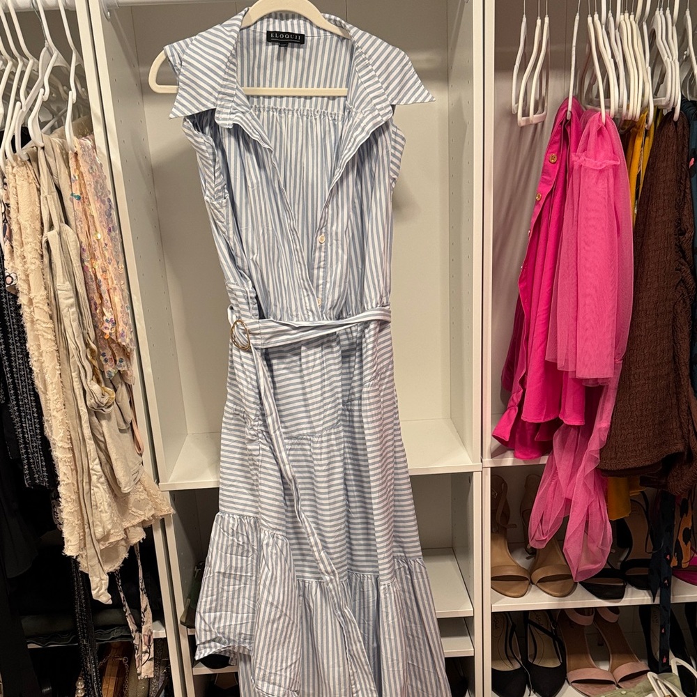 Eloquii Blue and White Striped High Low Dress